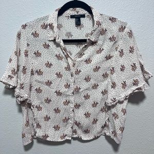 Forever 21 White Brown Polka Dot Floral Cropped Button Down Shirt Size Large